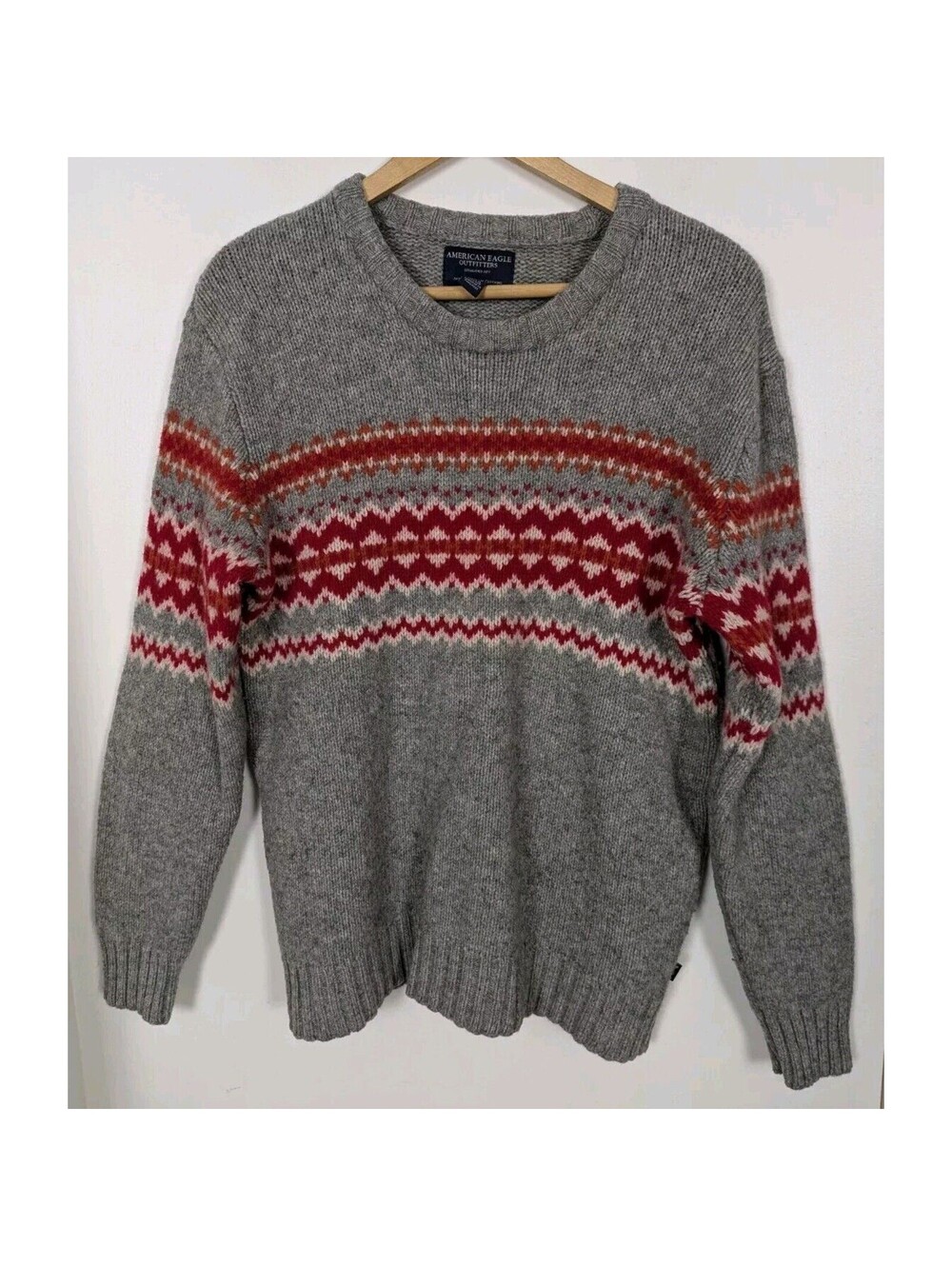 Vintage American Eagle XL Lambs Wool Sweater Grey Red Thick *See Description*